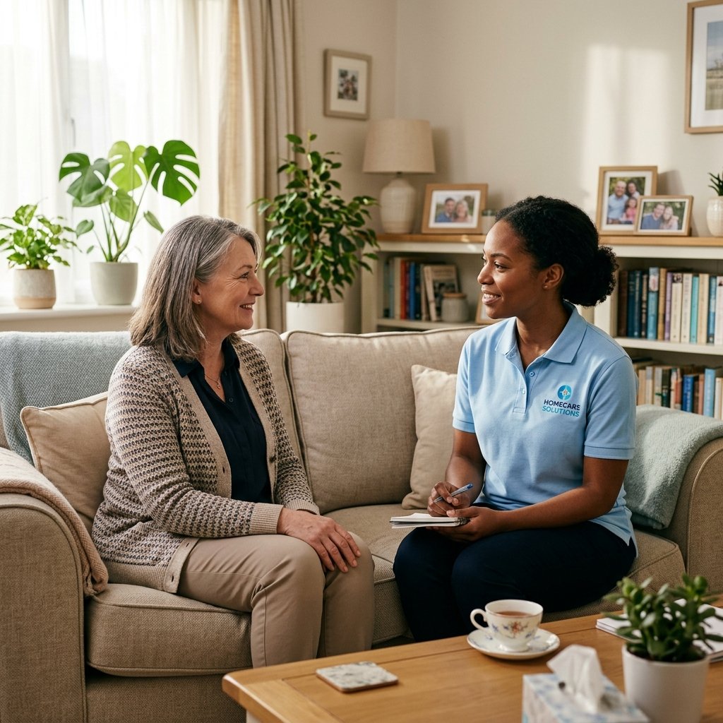 A carer listening compassionately to a client