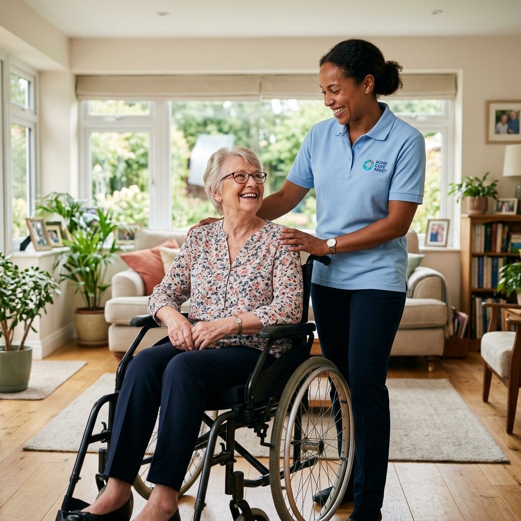 A carer assisting a wheelchair user in their Hillingdon home