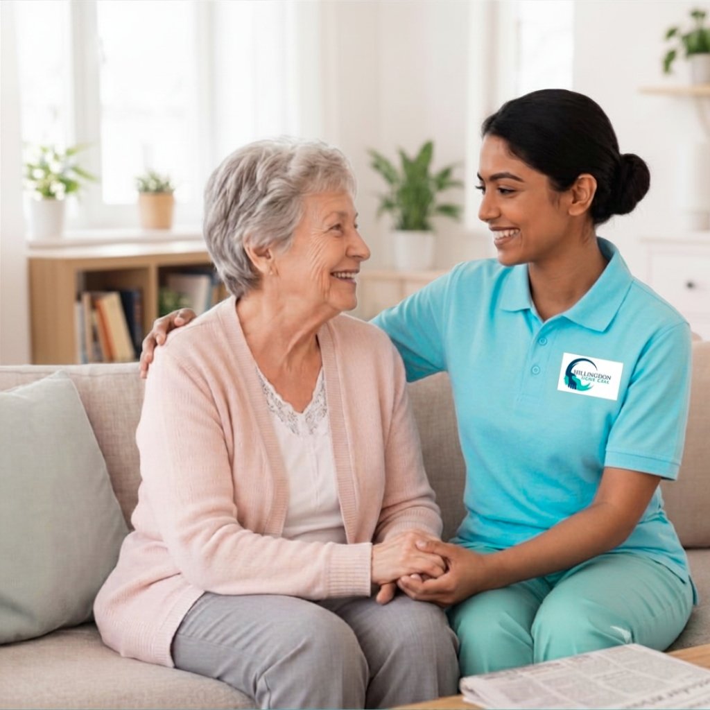 High-quality home care helper supporting happy senior client